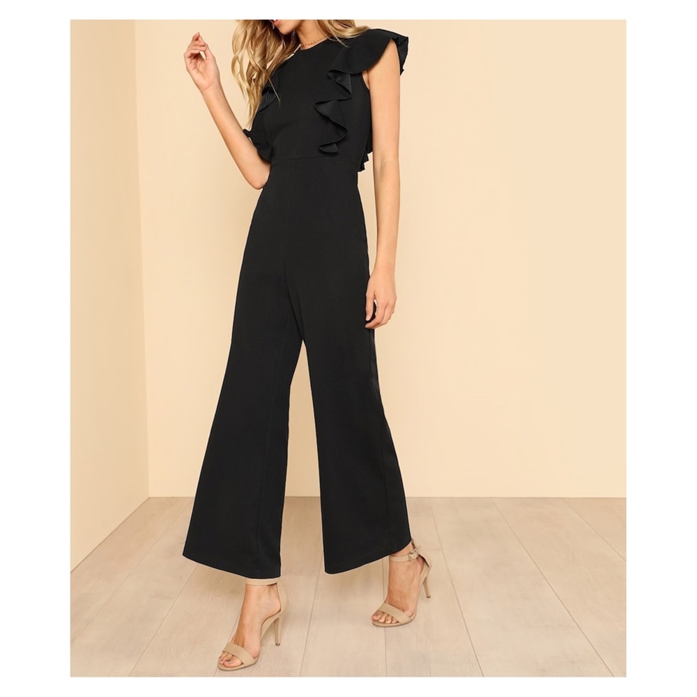 Black Sleeveless Ruffle Details Wide Leg Jumpsuit - Picture 2 of 6